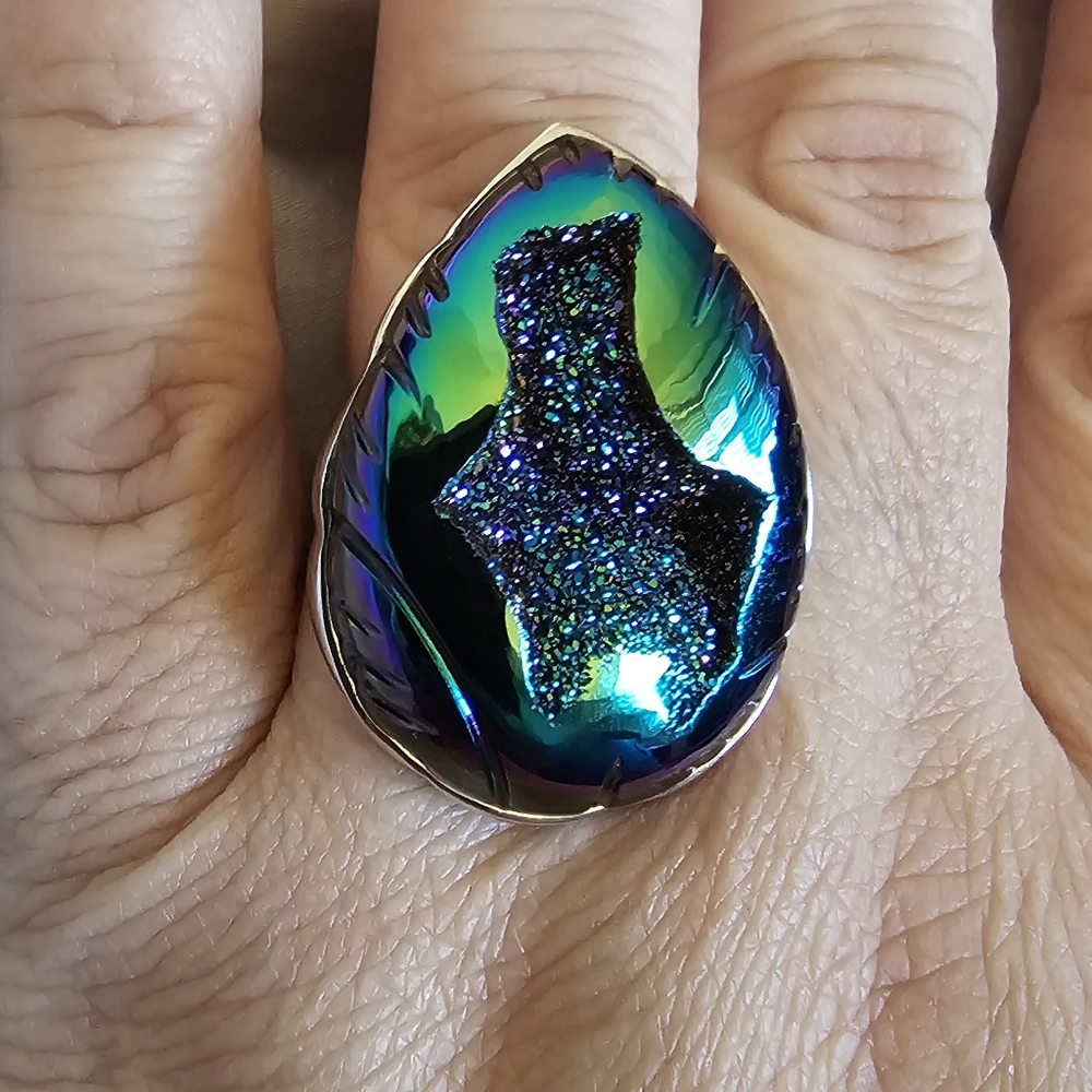 Sz 10, Window Drusy Forest, 925 Silver, 44.0 Carats, Platinum overlay, NWT